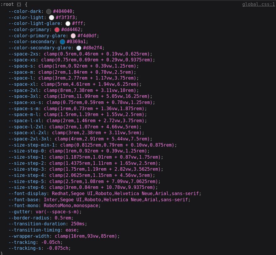 Screenshot of the Firefox dev tools, CSS tab, showing the generated custom properties